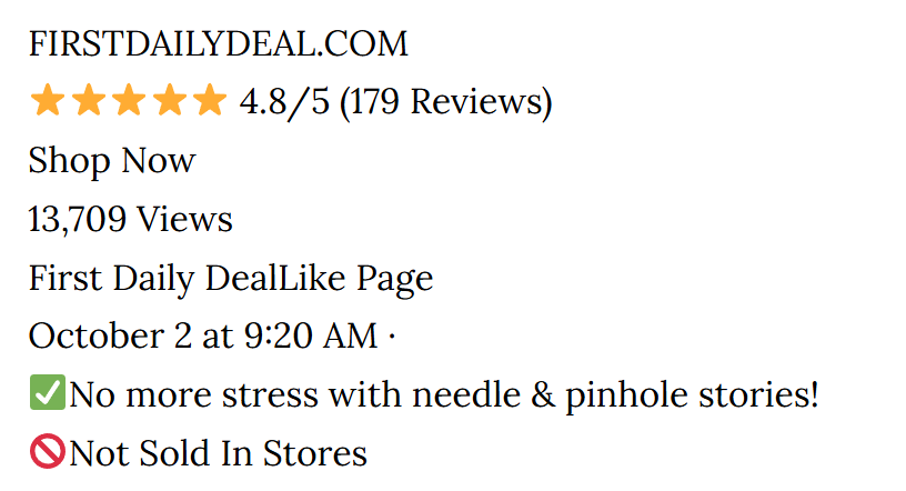 FirstDealDaily.com product listing with 4.8 stars, 179 reviews, shop now, 13,709 views, and sale notes