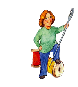 Cartoon image of Pam in a green shirt standing among colorful yarn spools, holding a long knitting tool.