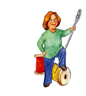 Cartoon image of Pam in a green shirt holds a large wrench, standing beside a red spool and yellow cable reel.