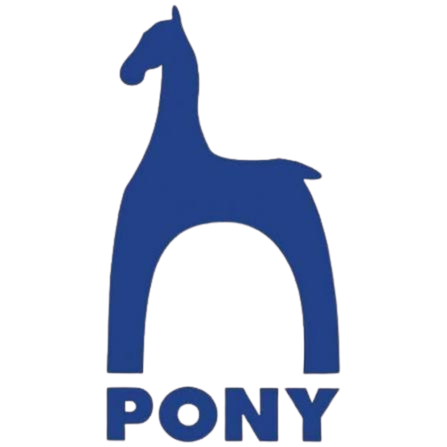 Blue stylized pony logo with the word “PONY” underneath