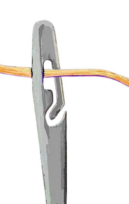 Close-up of a spiral eye needle eye holding a yellow and purple wire against a white background