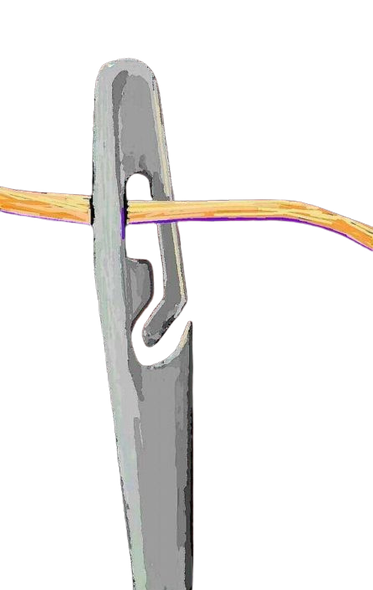 Close-up of a spiral eye needle eye holding a yellow and purple wire against a white background