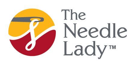 The old Needle Lady logo with a yellow and red circular needle design and gray text