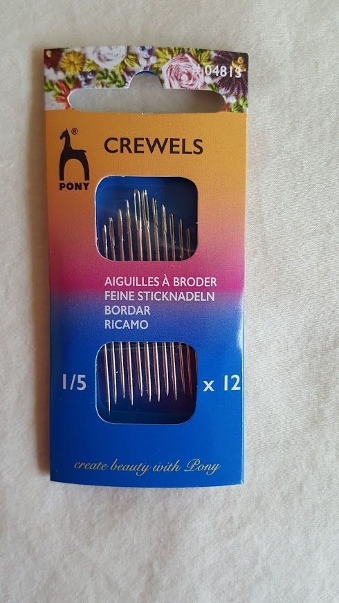 Box of Crewel embroidery needles with floral design, orange and blue packaging, size 1/5