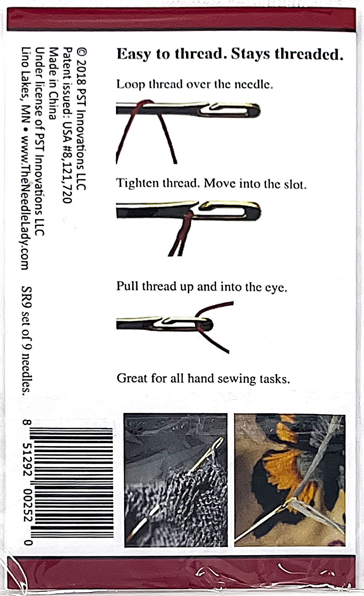Sew Right self-threading needles package with yellow needle illustration and “Easy to thread” text