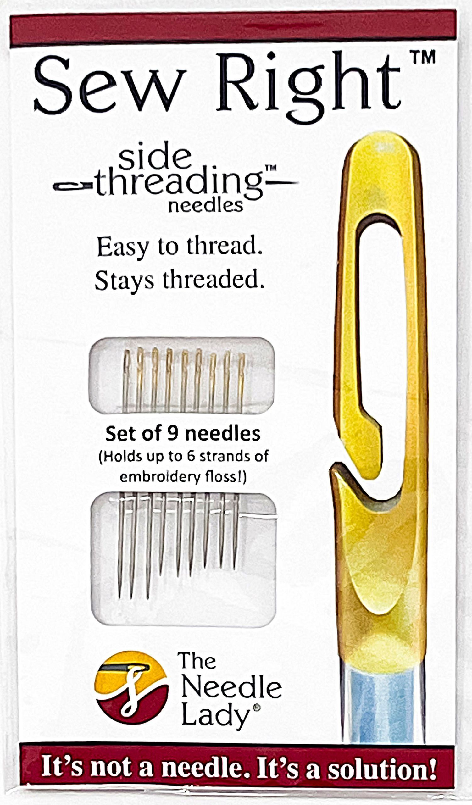 Sew Right self-threading needles package with yellow needle illustration and “Easy to thread” text