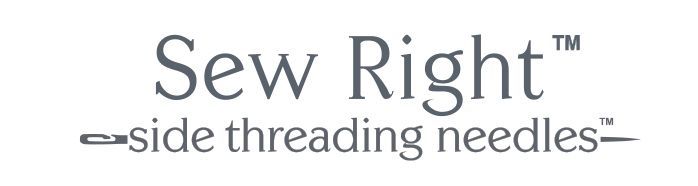 Sew Right logo with gray text and a side-threading needle illustration