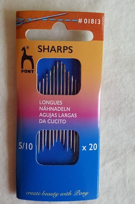 Orange-and-blue package of Sharps long needles, size 5/10, 20 count.