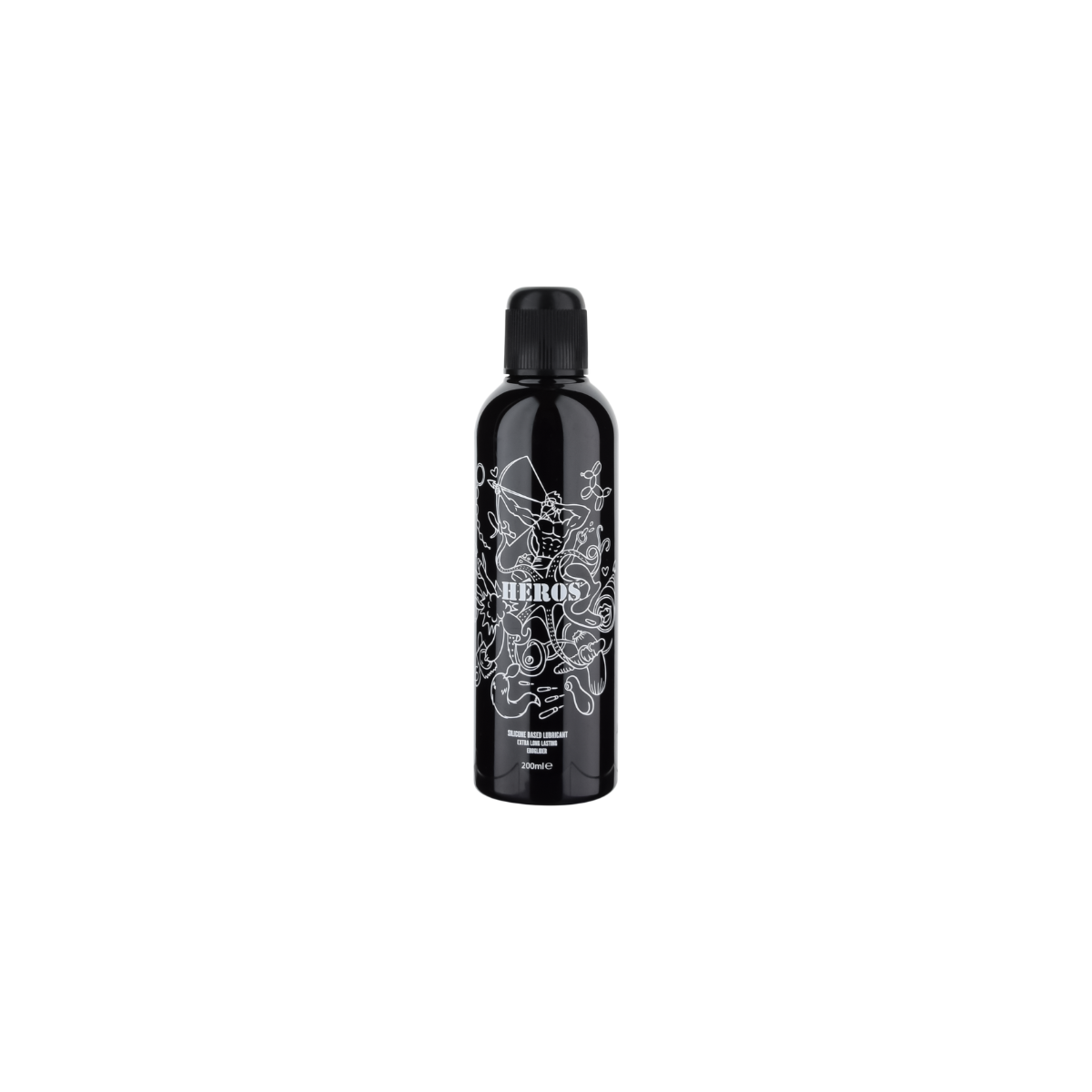 Schwarze Flasche mit weissem Blumenmuster auf weissem Hintergrund