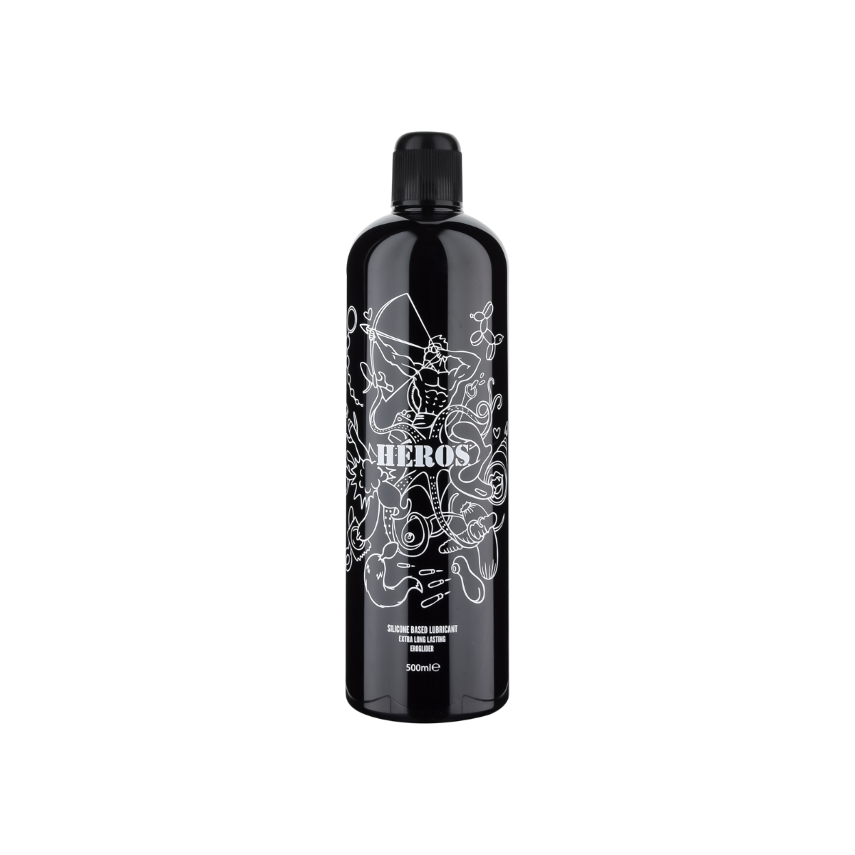 Schwarze zylindrische Flasche mit weissem Blumenmuster und Etikett auf weissem Hintergrund