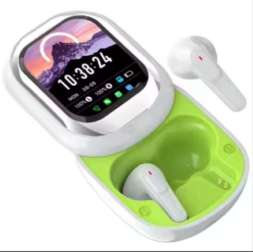 Estuche de carga para auriculares de color negro con pantalla que muestra la hora, la fecha y los niveles de batería.