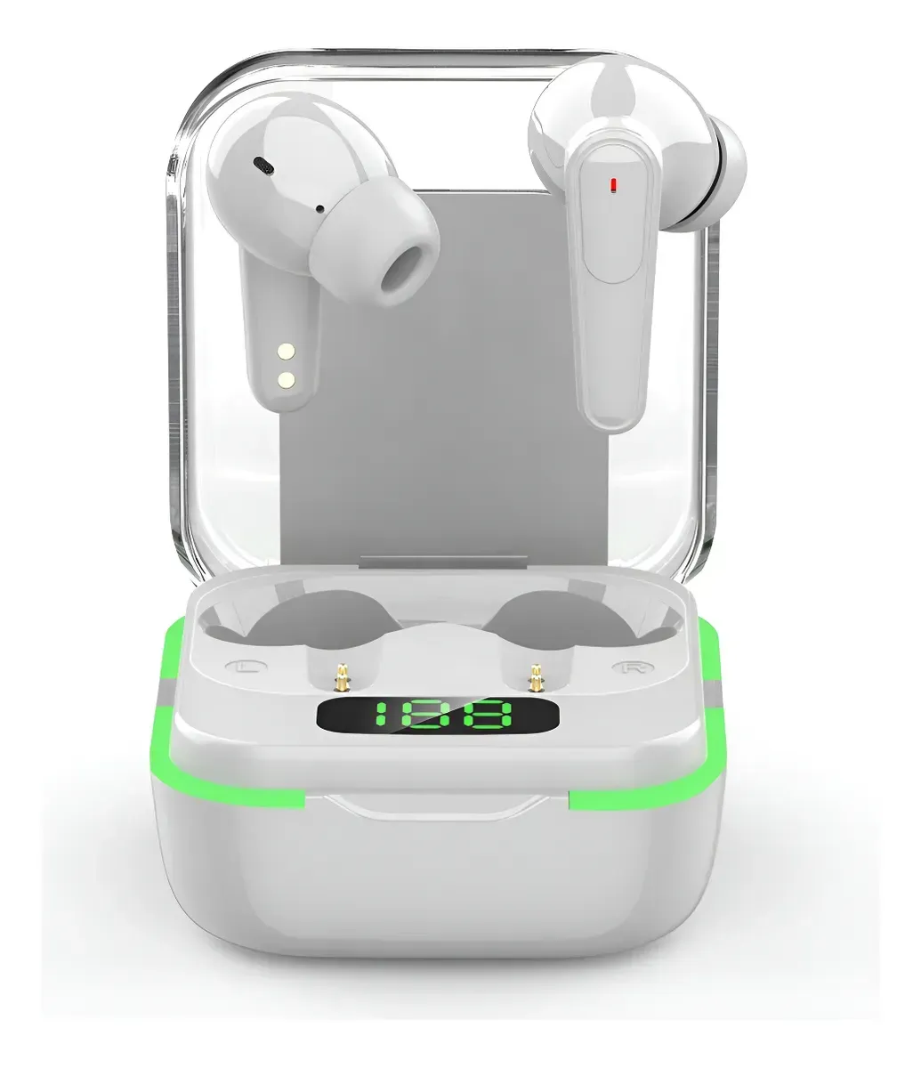 Auriculares inalámbricos blancos con estuche de carga, pantalla digital que muestra la duración de la batería.
