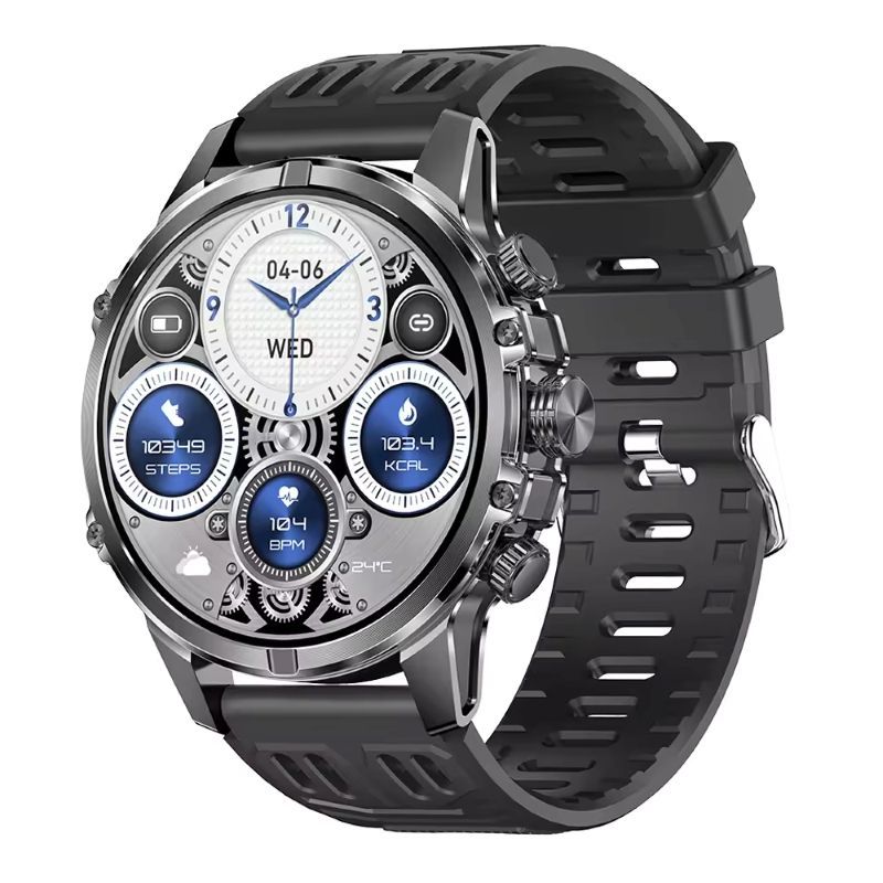 Reloj inteligente plateado y negro con esfera redonda y correa de goma negra. Muestra la hora, la fecha y las métricas de actividad física.