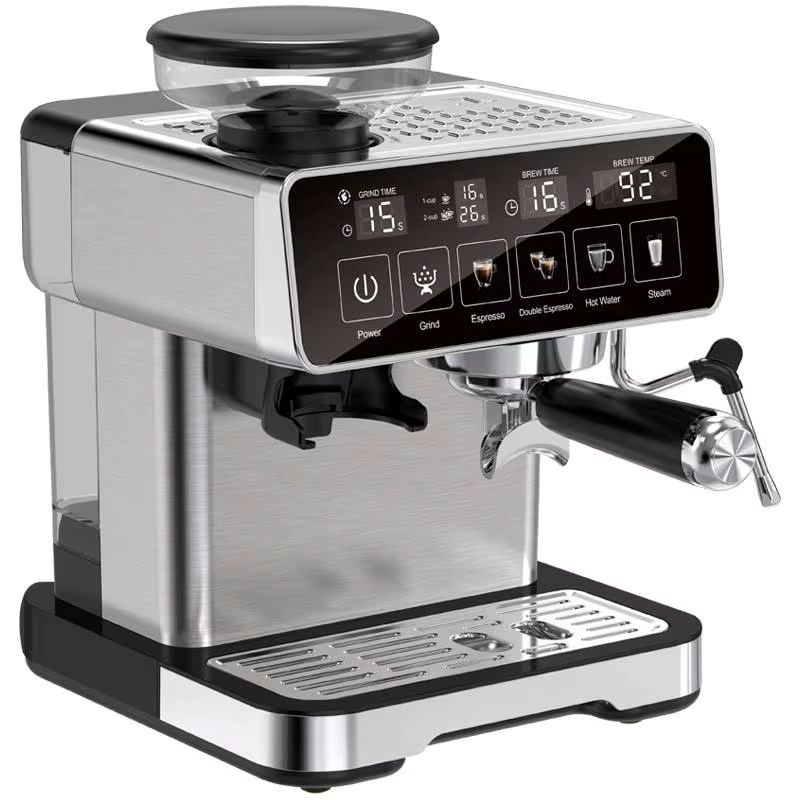 Cafetera espresso plateada con pantalla digital y molinillo integrado.