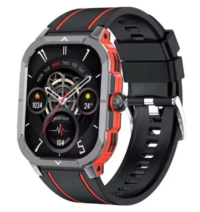 Reloj inteligente negro y azul con esfera cuadrada, que muestra un reloj digital, engranajes y estadísticas.