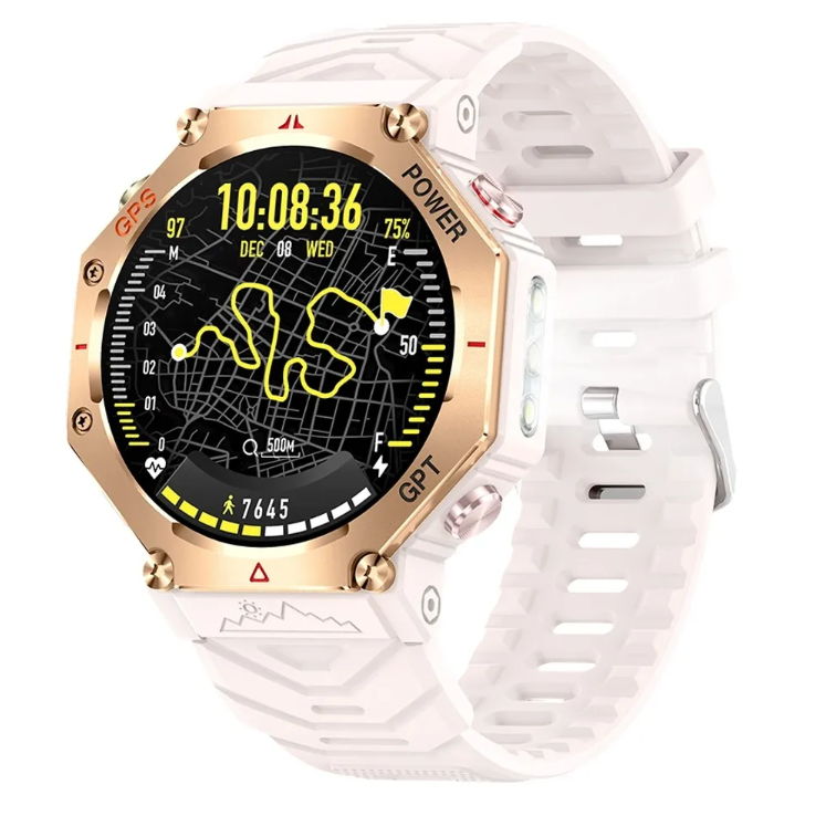 Reloj inteligente negro con GPS, visualización de mapas y datos de salud.