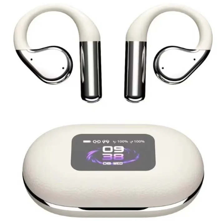 Auriculares inalámbricos negros y plateados con estuche de carga negro y pantalla digital.