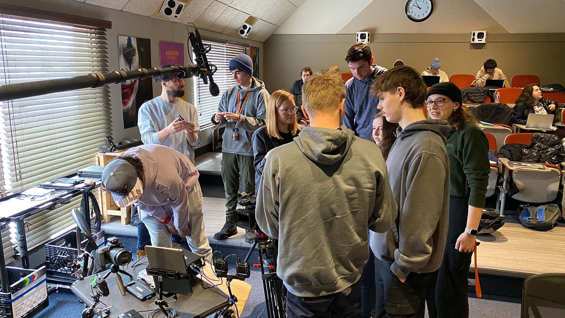 Students learning audio engineering