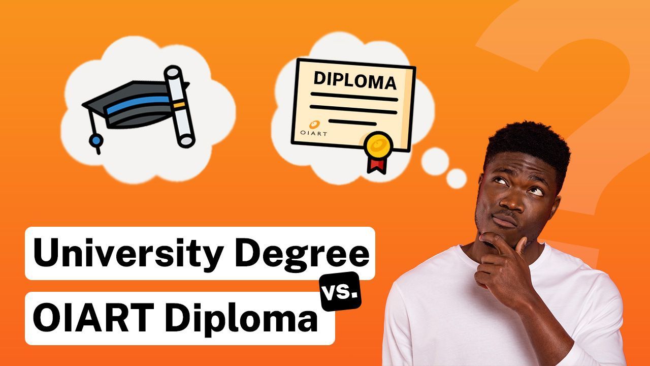 A man is thinking about the difference between a university degree and an oiart diploma.