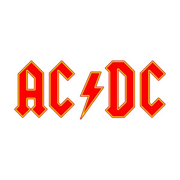 The ac dc logo is red and yellow with a lightning bolt.