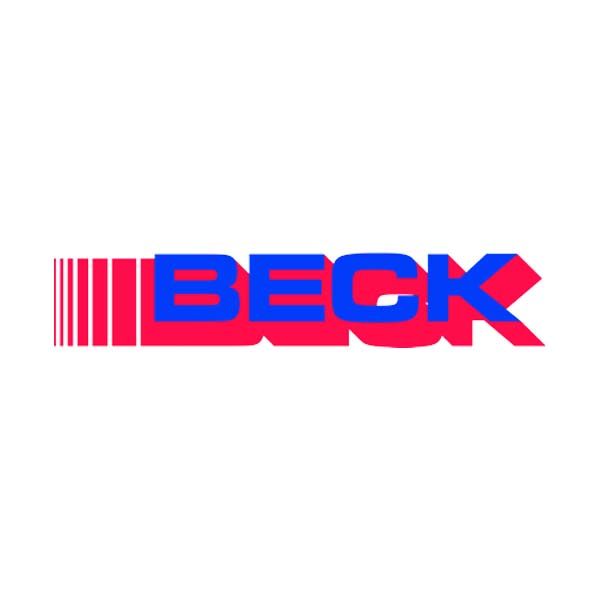 A red and blue logo for beck on a white background