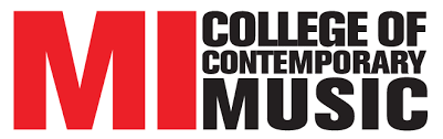 The logo for the college of contemporary music is red and black.