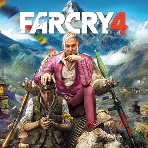The cover art for far cry 4 shows two men sitting on a rock.