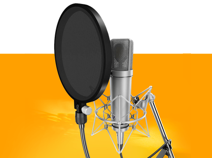 A microphone with a pop filter attached to it.