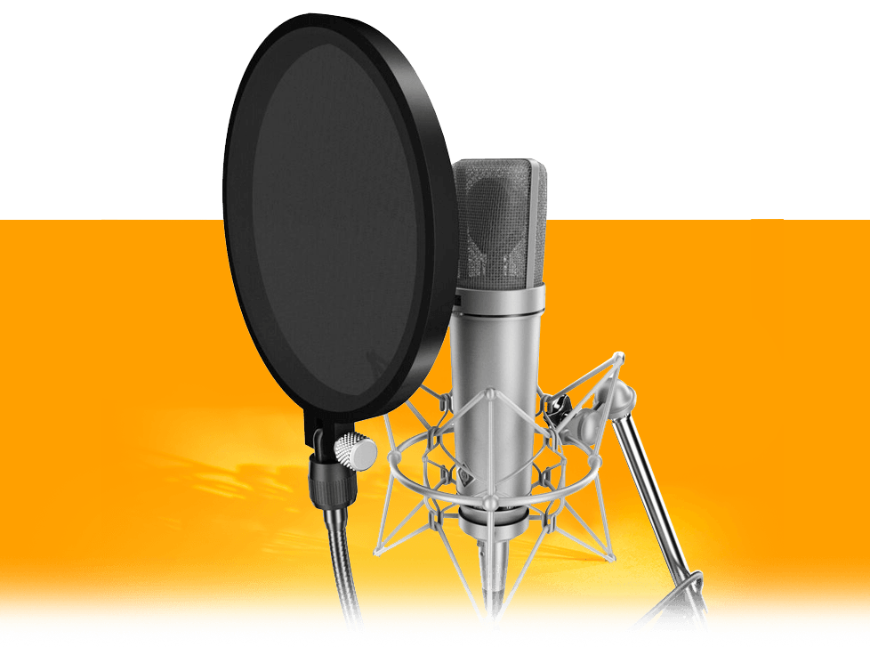 A microphone with a pop filter attached to it.