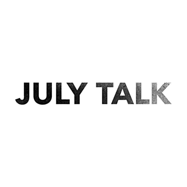 A black and white logo for july talk on a white background.