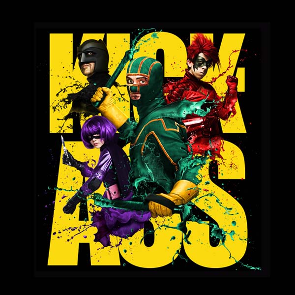Kick-Ass movie poster with masked vigilantes, green, red, purple, and yellow colors, set against a black background.