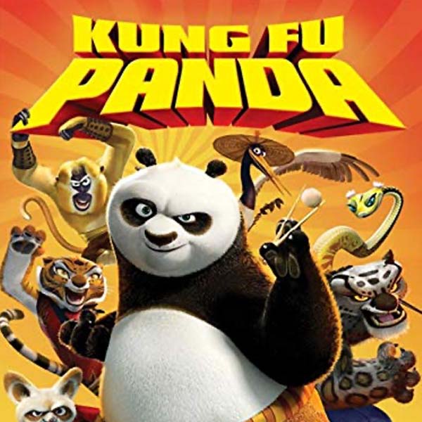A poster for kung fu panda shows a panda surrounded by animals