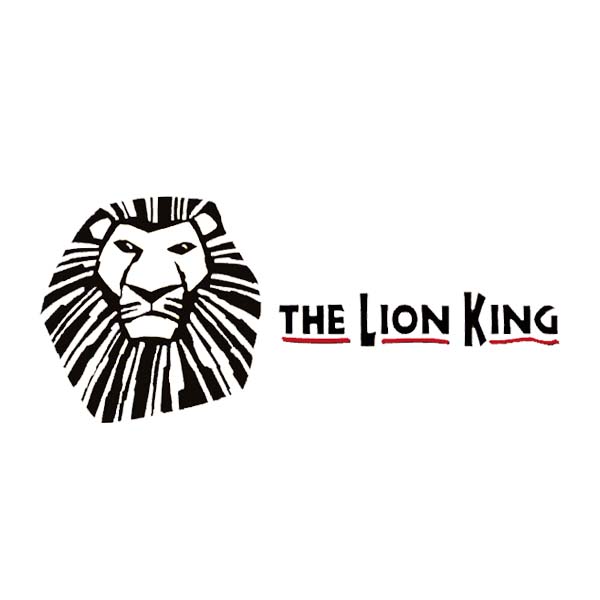 Logo for The Lion King: Lion's head in black and white, title in black text with red accents.