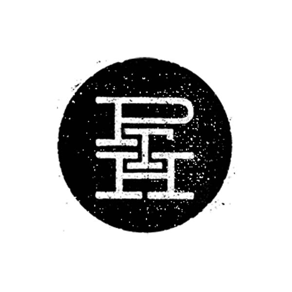 A black and white logo in a circle on a white background.