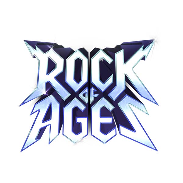 Rock of Ages logo in metallic blue and white.