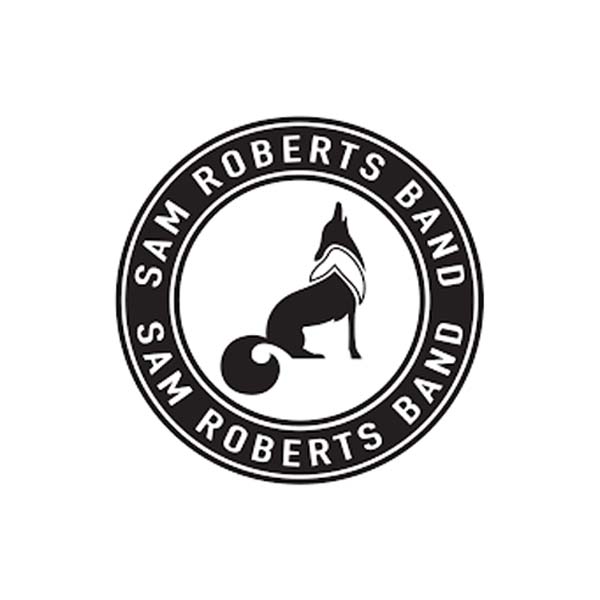 Sam Roberts Band logo: howling wolf silhouette in a circle with band name around the edge.