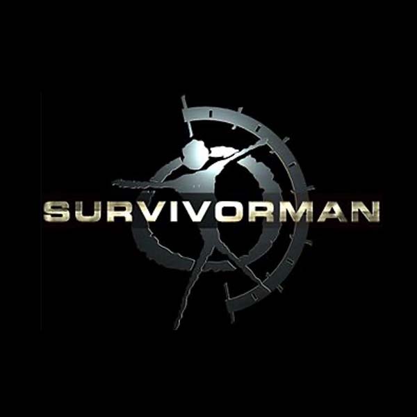 A logo for survivorman with a man in a circle