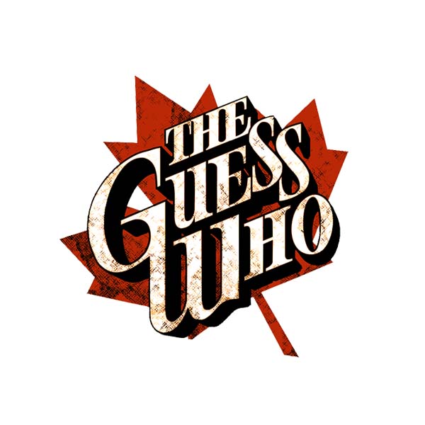 Logo of The Guess Who with text over a red maple leaf.
