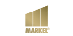 Markel logo: gold-colored stylized building blocks with the word
