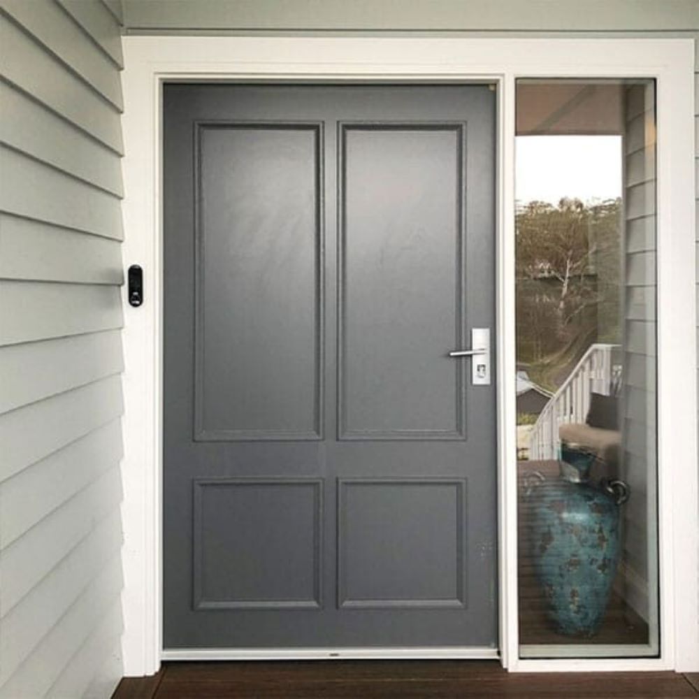 A Grey Door with A White Trim and A Glass Door — Evolution Building Group Dapto, NSW