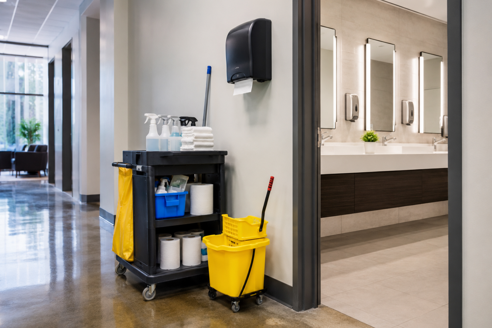 clean commercial facility janitorial maintenance supplies stocked