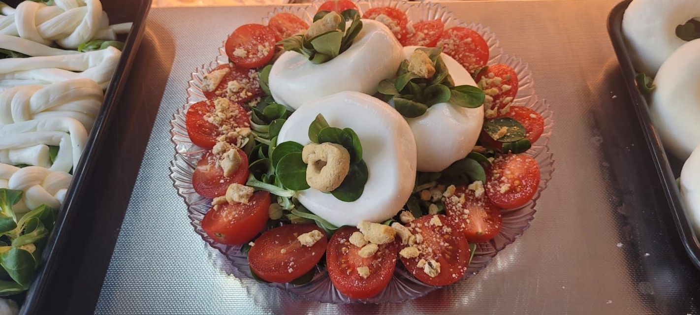 un piatto di cibo con pomodori e mozzarella su un tavolo.