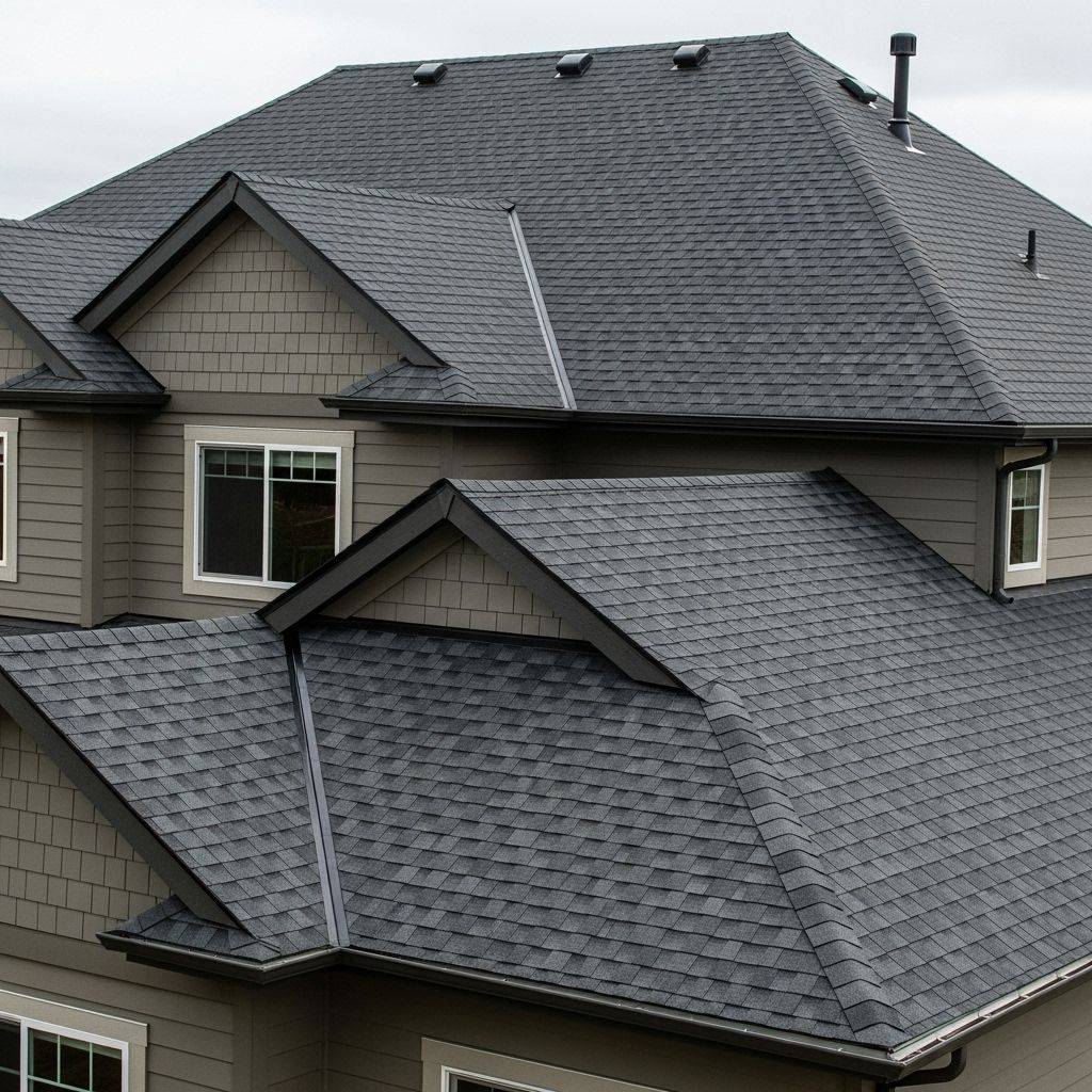 Gray house with dark gray shingled roof, dormers, and brown siding.