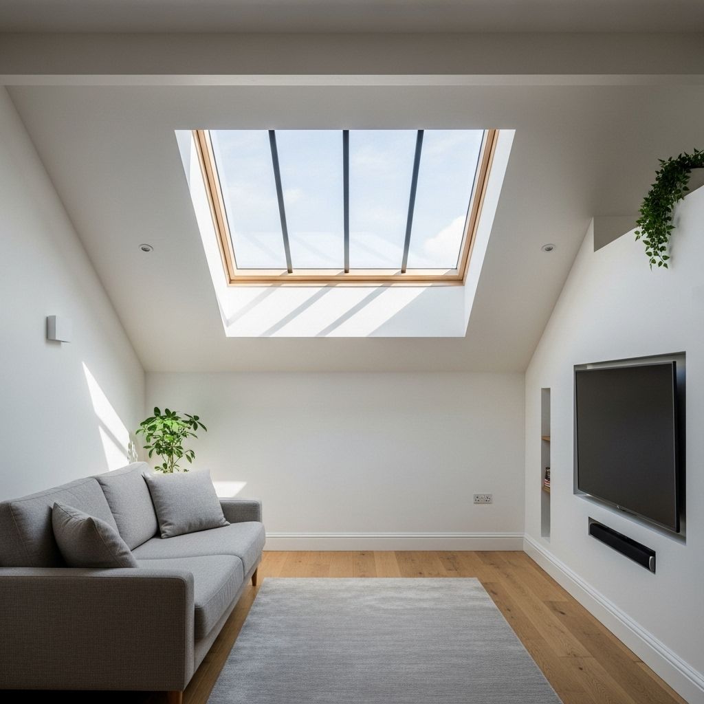 Modern living room with skylight, gray sofa, TV, and wooden floor. White walls, rug, and potted plants.