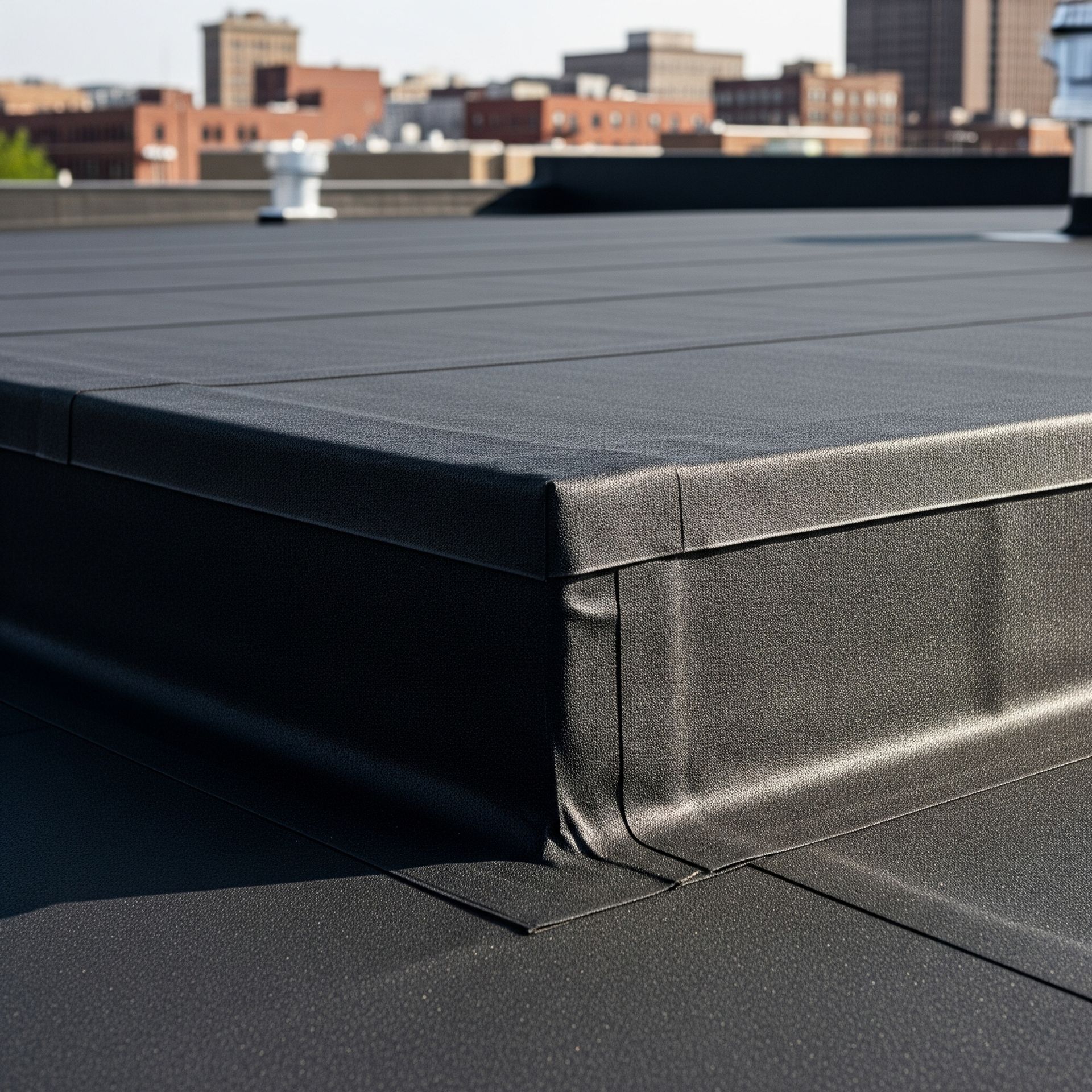 Black flat roof with raised edge, in an urban setting.