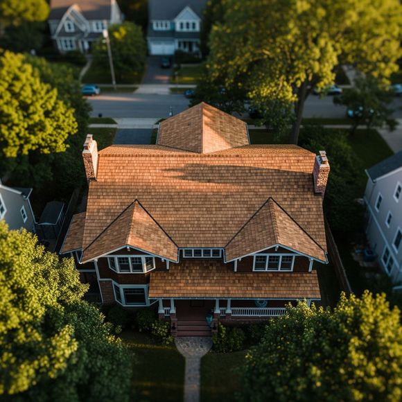 Aerial view of a brown-roofed house in a residential neighborhood, surrounded by green trees.