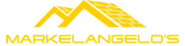 Yellow “MARKELANGELO’S” logo with stylized roof lines and italic text on a transparent background