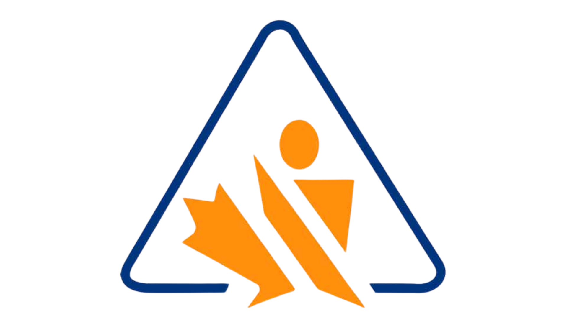 Orange worker icon inside blue triangle warning sign on white background