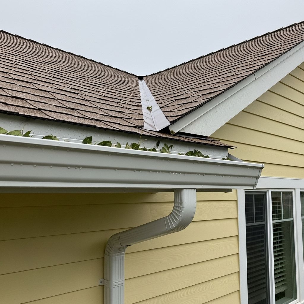 White gutters filled with leaves on a yellow house with a brown shingled roof.