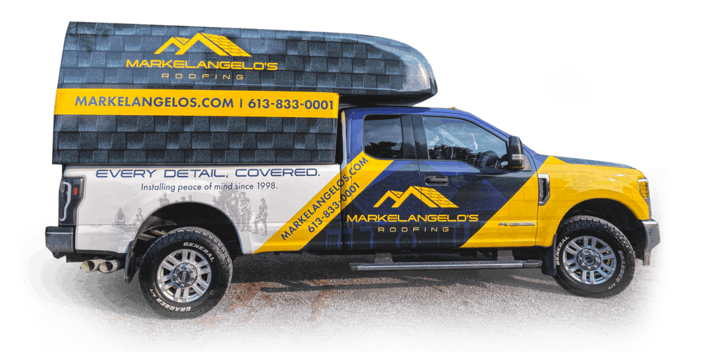 Yellow-and-blue work truck with large with Markelangelo's Roofing logo and raised roof